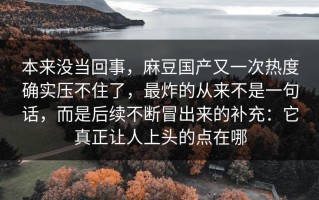 本来没当回事，麻豆国产又一次热度确实压不住了，最炸的从来不是一句话，而是后续不断冒出来的补充：它真正让人上头的点在哪